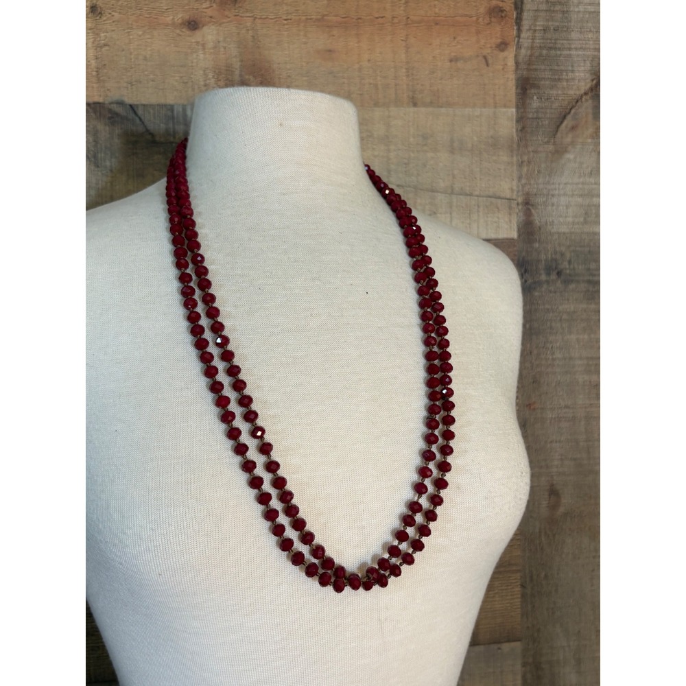 CC Ruby Red Faceted Glass Bead Hand Knotted Long 60 Inch Strand Necklace
